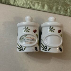 White Ceramic Spice Bottles with Leaf Design